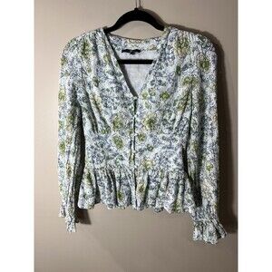 7 For All Mankind Eyelet Peplum Button Front Blouse Floral Romantic Peasant XS